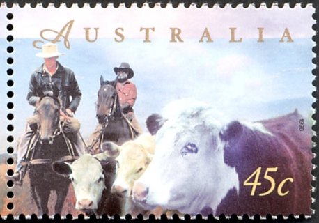 Australia-1998-Farming-45-cent-Multi-P14-x-14-5-Farmers-herding-beef-cattle-SG1761