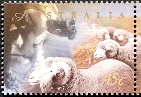 Australia-1998-Farming-45-cent-Multi-P14-x-14-5-Sheep-shearer-and-sheep-SG1759