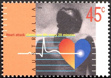 Australia-1998-Heart-disease-awareness-45-cent-Multi-P14-x-14-5-Cardiograph-trace-and-stylised-heart-SG1769