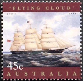 Australia-1998-Ship-paintings-45-cent-Multi-P14-5-x-14-Flying-Cloud-clipper-sailing-ship-J-Scott