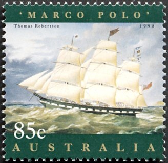 Australia-1998-Ship-paintings-85-cent-Multi-P14-5-x-14-Marco-Polo-full-rigged-sailing-ship-Artist-T-Robertson-SG1728