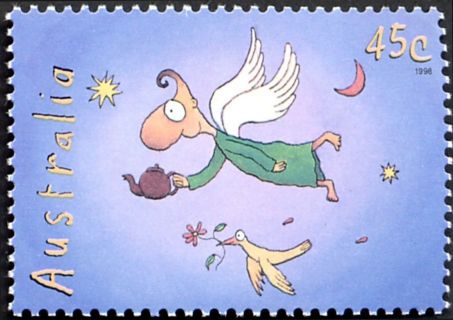 Australia-1998-The-Teapot-of-Truth-Cartoons-by-Michael-Leunig-45-cent-Multi-P14-x14-5-Flying-Angel-with-teapot-SG1805