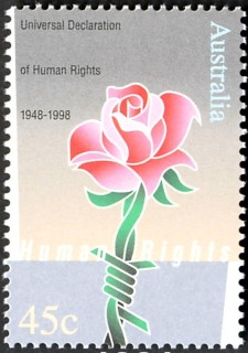 Australia-1998-Universal-Declaration-of-Human-Rights-anniversary-50-45-cent-Multi-P14-5-x-14-Rose-of-Freedom-and-barbed-wire-SG1831