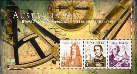 Australia-1999-Australia-99-International-Stamp-Exhibition-Navigators-theme-3-x-45-cent-Multi-P14-5-x-14-Navigators-Flinders-and-ship-sailing-Investigator-Bass-and-Kin