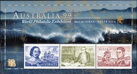 Australia-1999-Australia-99-International-Stamp-Exhibition-Navigators-theme-3-x-45-cent-Multi-P14-x-14-5-Navigators-Tasman-ship-sailing-Heemskirk-Cook-and-Flinders-SG