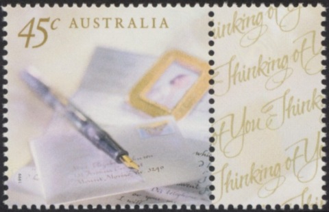 Australia-1999-Greeting-stamps-45-cent-Multi-P14-5-x-14-Calligraphy-pen-and-letter-SG1896