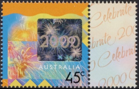 Australia-1999-Millennium-Greeting-Stamp-Celebrate-2000-45-cent-Multi-P14-5-x-14-Fireworks-and-hologram-Year-changes-1999-to-2000-SG1921