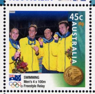 Australia-2000-Australia-Gold-Medallists-Sydney-2000-Olympic-Games-45-cent-Multi-P11-50-Mens-4-x-100m-relay-swim-17-Sep-SG2028-A