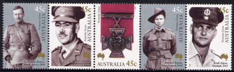 Australia-2000-Australias-first-Victoria-Cross-100-years-5-x-45-cent-Multi-P14-5-x-14-Strip-SG2000a