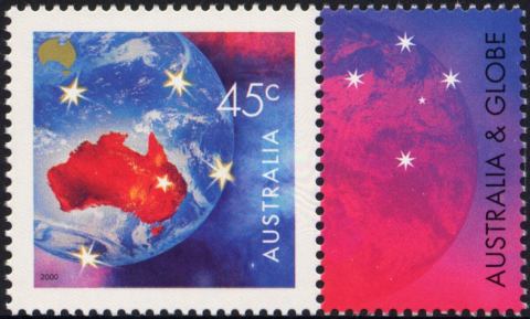 Australia-2000-Symbols-of-Australia-Nurture-Nation-45-cent-Multi-P13-9-x-14-3-Australia-map-on-globe-with-Southern-Cross-stars-SG1973