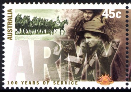 Australia-2001-Australian-Army-100-years-45-cent-Multi-P13-9-x-14-6-Signalman-Charles-Byrne-and-G-Walker-New-Guinea-1943-SG2073