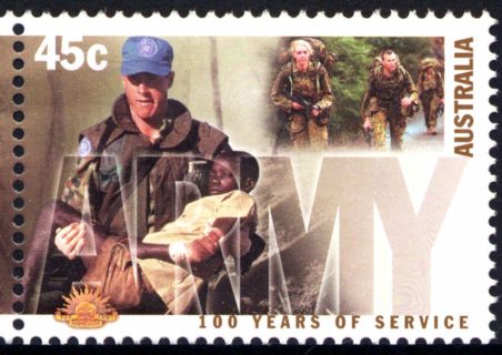 Australia-2001-Australian-Army-100-years-45-cent-Multi-P13-9-x-14-6-Trooper-John-Church-and-child