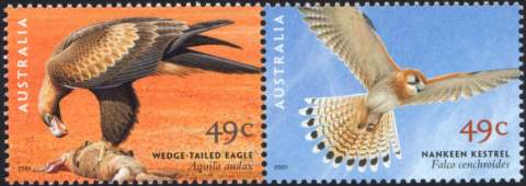 Australia-2001-Birds-of-Prey-2-x-49-cent-Multi-P13-9-x-14-6-Pair-SG