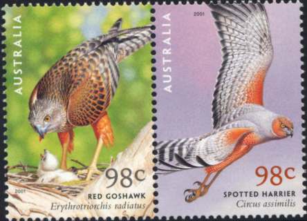 Australia-2001-Birds-of-Prey-2-x-98-cent-Multi-P14-6-x-13-9-Pair-SG