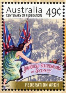 Australia-2001-Centenary-of-Federation-49-cent-Multi-P14-6-x-13-9-Inauguration-march-through-Wheat-Arch-or-Federation-Arch-SG2062