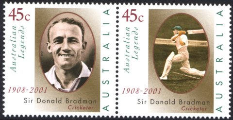 Australia-2001-Sir-Donald-Bradman-memorial-2-x-45-cent-Multi-P14-30-Pair-SG2077a