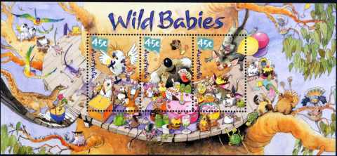 Australia-2001-Wild-Babies-3-x-45-cent-Multi-P14-6-x-13-86-Strip-of-3-SG