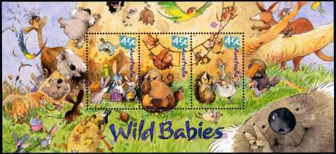 Australia-2001-Wild-Babies-3-x-45-cent-Multi-P14-6-x-13-86-Strip-of-3-SG_1