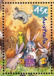 Australia-2001-Wild-Babies-45-cent-Multi-P14-6-x-13-86-Bilby-Gifts-bilbies-with-Joshua-crocodile-and-Emma-emu-SG2147