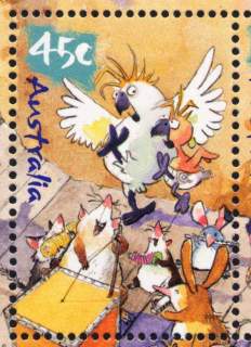 Australia-2001-Wild-Babies-45-cent-Multi-P14-6-x-13-86-Bush-Musicians-cartoon-sulphur-crested-cockatoo-bird-SG2144