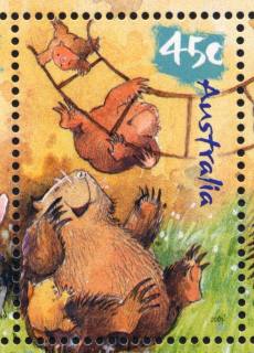 Australia-2001-Wild-Babies-45-cent-Multi-P14-6-x-13-86-James-Wombat-mother-helping-James-wombat-up-ladder-SG2148