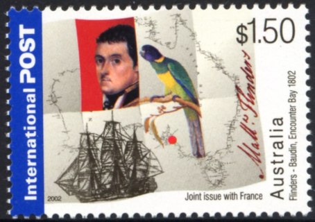 Australia-2002-Australia-France-Joint-Flinders-Baudin-1-5-dollar-Multi-P14-x-14-75-Matthew-Flinders-and-Port-Lincoln-parrot-bird-ship-Investigator-SG2194