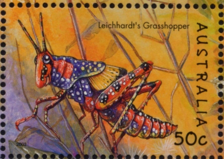 Australia-2003-Bugs-and-Butterflies-50-cent-Multi-P13-86-x-14-6-Leichhardts-grasshopper-Petasida-ephippigera-SG2327