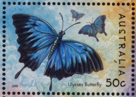 Australia-2003-Bugs-and-Butterflies-50-cent-Multi-P13-86-x-14-6-Ulysses-butterfly-Papilio-ulysses-joesa-SG2326