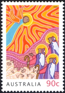 Australia-2003-Christmas-2003-90-cent-Multi-P15-60-x-13-86-Angel-appearing-to-shepherds-drawing-SG2346