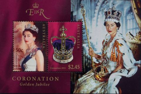 Australia-2003-Coronation-Golden-Jubilee-2-95-dollar-Multi-P14-6-x-13-86-Mini-sheet