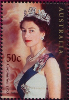 Australia-2003-Coronation-Golden-Jubilee-50-cent-Multi-P14-6-x-13-86-QEII-with-blue-sash-and-Crown