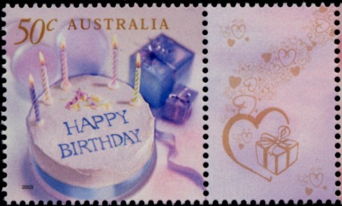 Australia-2003-Greetings-Stamps-Celebration-Nation-50-cent-Multi-P14-4-x-14-Birthday-cake-and-present-SG2257