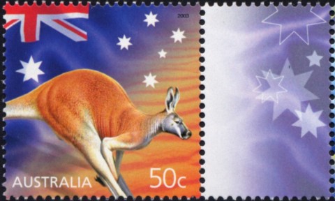 Australia-2003-Greetings-Stamps-Celebration-Nation-50-cent-Multi-P14-4-x-14-Red-kangaroo-and-flag-SG2260