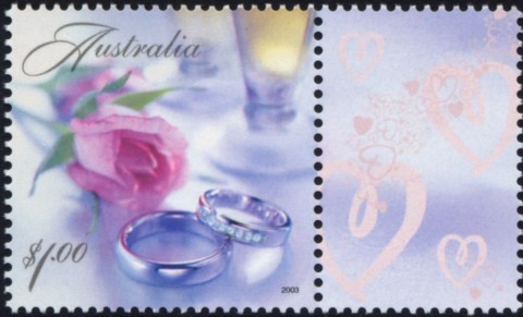 Australia-2003-Greetings-Stamps-Celebration-Nation-50-cent-Multi-P14-4-x-14-Wedding-rings-and-pink-rose-SG2263