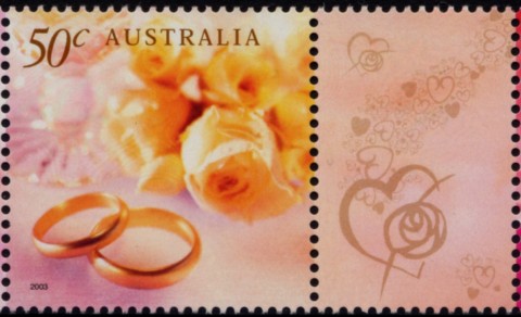 Australia-2003-Greetings-Stamps-Celebration-Nation-50-cent-Multi-P14-4-x-14-Wedding-rings-and-yellow-roses-SG2255