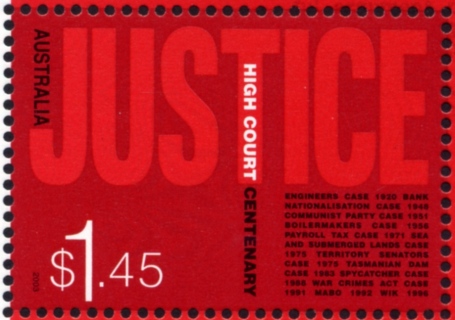 Australia-2003-High-Court-100-years-1-45-dollar-Multi-P13-86-x-14-6-Word-JUSTICE-overprinting-significant-High-Court-case-names-in-red-tones-SG2324