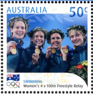 Australia-2004-Athens-Olympics-Australian-Gold-Medallists-50-cent-Multi-P14-25-Swimming-Womens-4-x-100-m-relay-SG2407