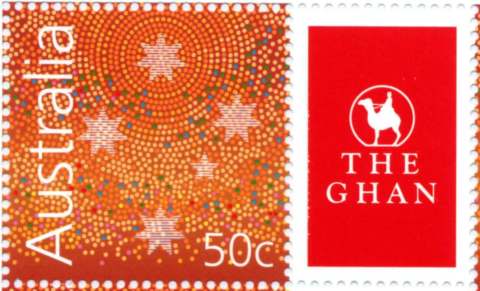 Australia-2004-Celebrate-Australia-50-cent-Multi-P14-4-x-14-Personalised-stamp-shows-stars-Southern-Cross-in-dot-painting