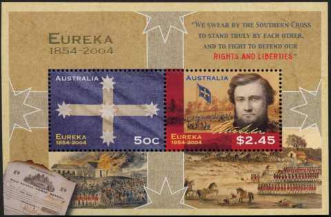 Australia-2004-Eureka-1854-2004-2-95-dollar-Multi-P13-86-x-14-4-Miniature-sheet-with-additional-wording-in-selvedge