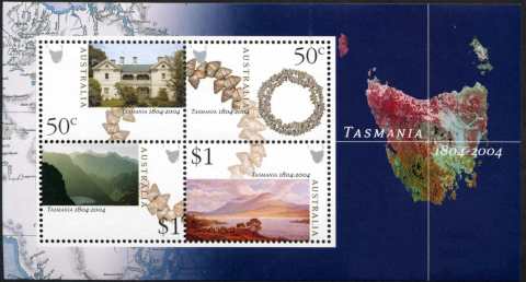 Australia-2004-Tasmania-1804-2004-3-dollar-Multi-P13-86-x-14-6-Miniature-sheet-4327-to-4330-plus-map-of-Tasmania-SGMS2356