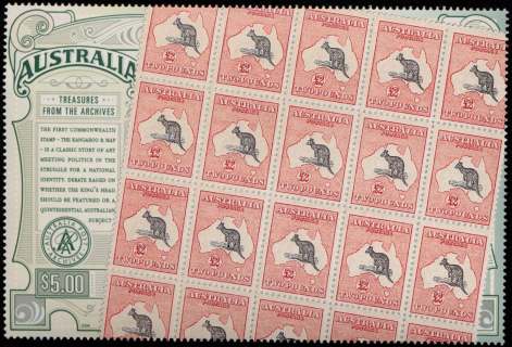 Australia-2004-Treasures-from-the-Archives-5-dollar-Multi-P14-29-x-14-29-The-large-stamp-depicts-about-20-2-black-and-red-kangaroo-stamps-from-1913-SG2427