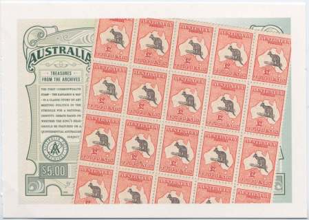 Australia-2004-Treasures-from-the-Archives-5-dollar-Multi-P14-29-x-14-29-The-large-stamp-depicts-about-20-2-black-and-red-kangaroo-stamps-from-1914-SG