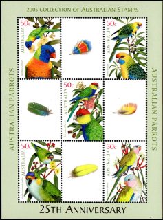 Australia-2005-Australian-Parrots-5-x-50-cent-Multi-P14-6-x-13-86-Five-parrot-stamps-and-4-feather-cindereallas-to-make-sheet-available-only-with-purchase-of-AP-2005-Year-Book-S