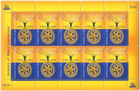 Australia-2005-Centenary-of-Rotary-International-5-dollar-Multi-P14-6-x-13-86-Design-in-selvedge-of-Pacific-Explorer-stamp-show