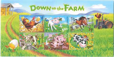 Australia-2005-Down-on-the-Farm-3-5-dollar-Multi-P13-86-x-14-6-Miniature-sheet