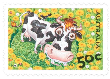 Australia-2005-Down-on-the-Farm-50-cent-Multi-P13-86-x-14-6-Die-cut-Abigail-the-Cow