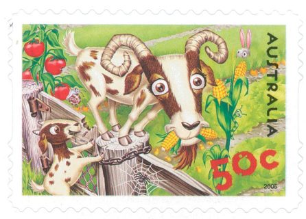 Australia-2005-Down-on-the-Farm-50-cent-Multi-P13-86-x-14-6-Die-cut-Gilbert-the-Goat