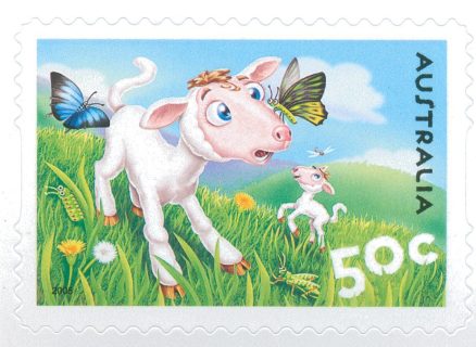 Australia-2005-Down-on-the-Farm-50-cent-Multi-P13-86-x-14-6-Die-cut-Lucy-the-Lamb