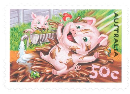 Australia-2005-Down-on-the-Farm-50-cent-Multi-P13-86-x-14-6-Die-cut-Ralph-the-pig