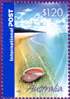 Australia-2005-Marking-the-Occasion-greeting-stamps-and-scenes-of-Australia-1-2-dollar-Multi-P14-6-x-13-86-Bailer-sea-shell-on-beach